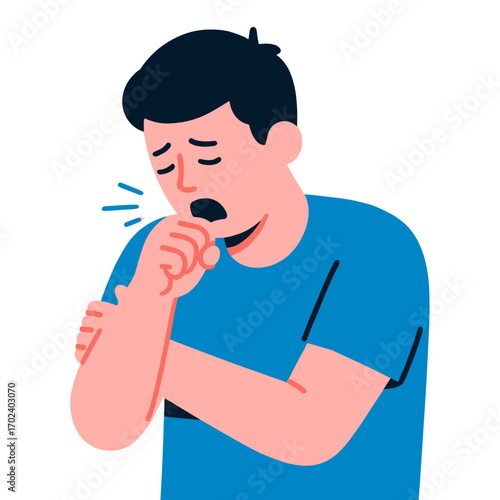 Illustration of a Man Coughing Covering His Mouth with His Elbow, Showing Symptoms of Illness