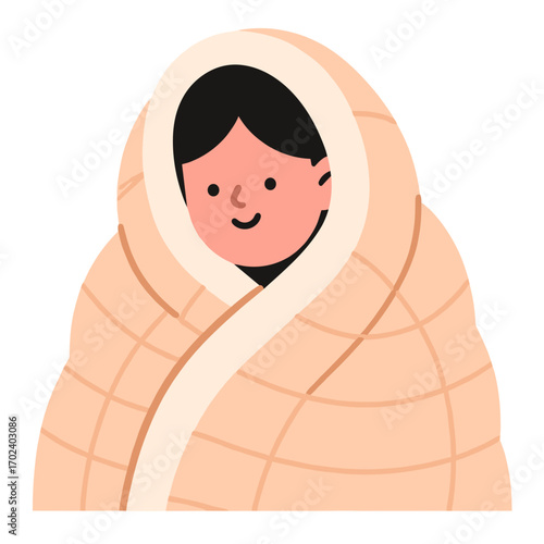 Illustration of a Person Wrapped in a Cozy Blanket, Feeling Comfortable and Warm