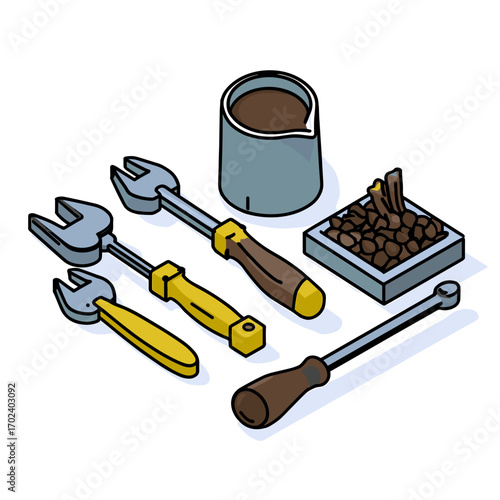 Isometric Vector Illustration of Wrenches, a Crucible, and a Container with Brown Contents