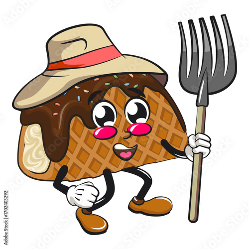 cute choco taco ice cream mascot character vector illustration as farmer in hat with his fork, work of hand drawn
