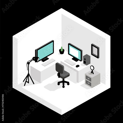 Isometric Home Office Setup with Dual Monitors, Desk, Chair and Accessories Illustration