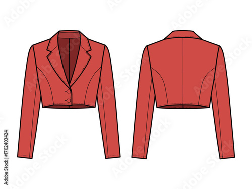 Contemporary women's red cropped blazer fashion flat sketch, front and back views illustrating a modern apparel design concept for stylish garment development and technical specification.