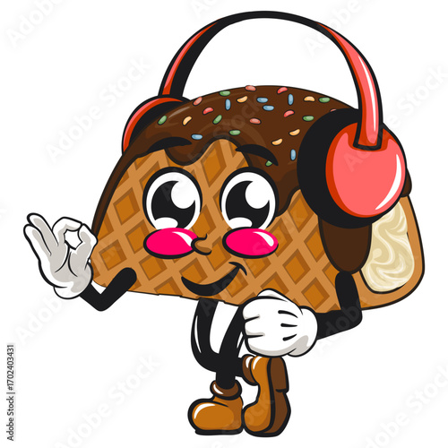 cute choco taco ice cream mascot character vector illustration listening to headset while dancing, work of hand drawn