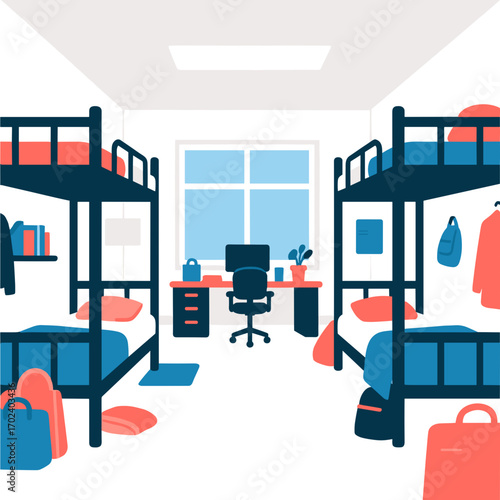 Dorm Room Interior with Bunk Beds, Desk, and Window Illustration in Flat Design