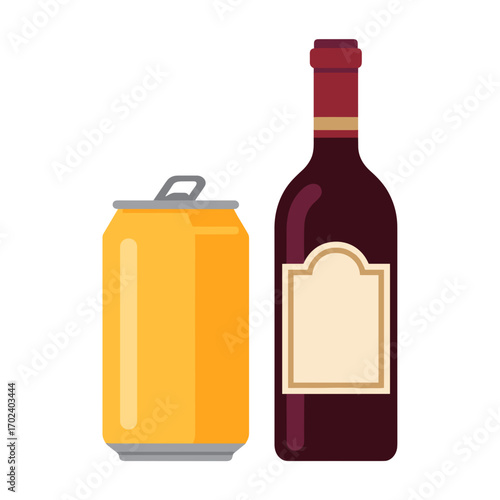 Stylized Illustration of a Yellow Soda Can and a Red Wine Bottle with Blank Label