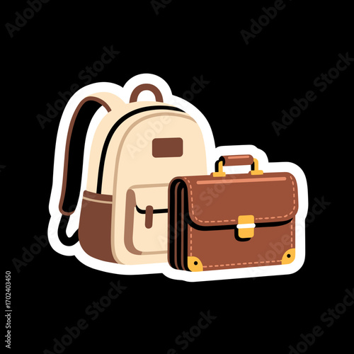 Illustration of a Cream Backpack and Brown Briefcase for School or Business, Flat Design