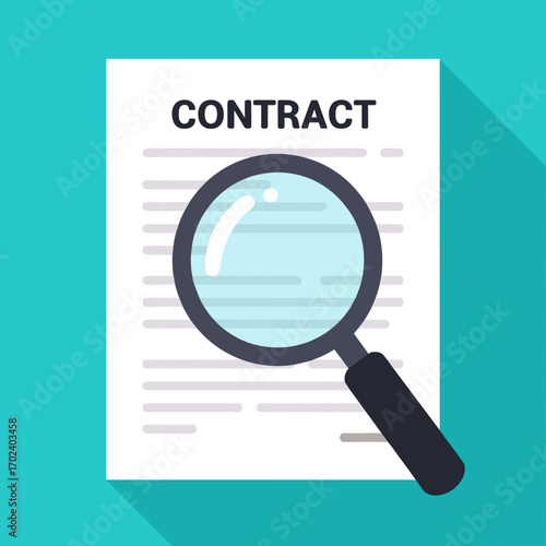 Contract Review and Analysis with Magnifying Glass, Flat Design Illustration for Business and Legal Concepts