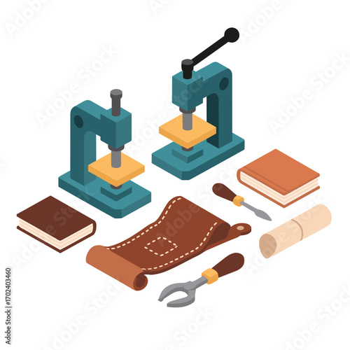 Isometric Leather Crafting Tools and Materials Illustration for Handmade Goods Production