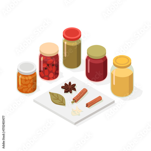 Isometric Illustration of Various Spices and Preserved Fruits in Jars on a White Tile