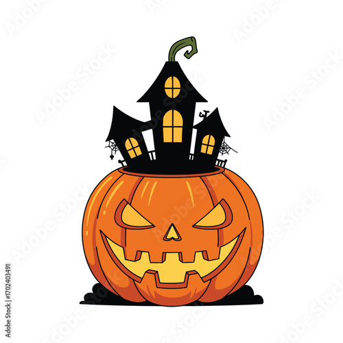 Spooky cartoon vector of haunted pumpkin house for halloween night.haunted house shaped like a jack-o’-lantern.