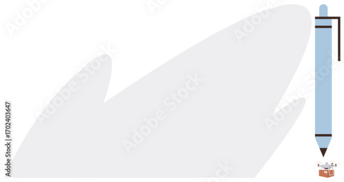 Large blue pen dominates scene near small desk with books, papers, and supplies, symbolizing productivity, creativity, workflow, focus, innovation writing and problem-solving. Minimalist flat