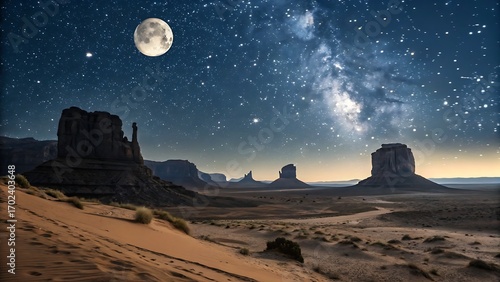 Majestic desert landscape under a starry night sky with a full moon illuminating the sandstone buttes and arid terrain.