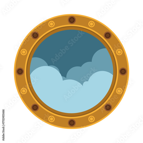 Stylized Porthole View with Clouds and Sky, Nautical Illustration with Round Window