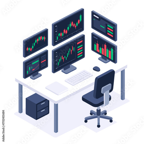 Isometric View of a Stock Trading Setup with Multiple Monitors Displaying Candlestick Charts, Keyboard, and Office Chair