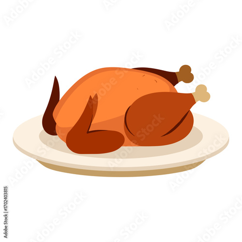 Cartoon Style Roasted Chicken or Turkey on a Plate Illustration for Thanksgiving or Holiday Dinner