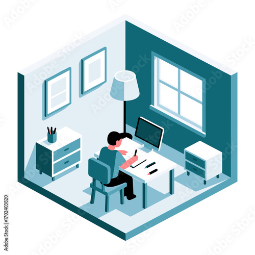 Isometric Illustration of a Person Working at a Desk in a Room with Computer and Lamp