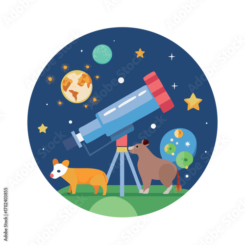 Astro Dogs Gaze at Cosmic Wonders Dogs Exploring Space with Telescope Observing Planets Stars Night Sky