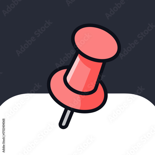 Vector Illustration of a Red Push Pin on a White Surface with Dark Background, Flat Design