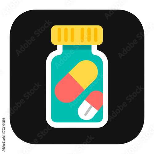 Illustration of a Pill Bottle with Capsules, Depicting Medication and Healthcare, Flat Design