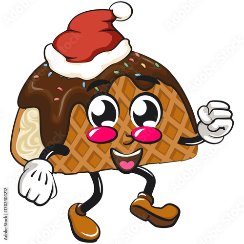 cute choco taco ice cream mascot character vector illustration walking while wearing a santa hat, work of hand drawn