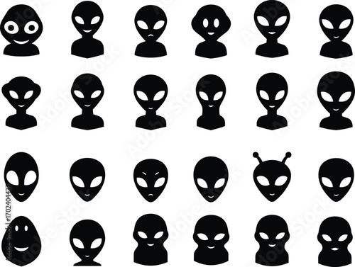 Alien emoticon collection, cute alien faces, extraterrestrial smiley icons, space emoji set, cartoon alien expressions, funny alien avatars.