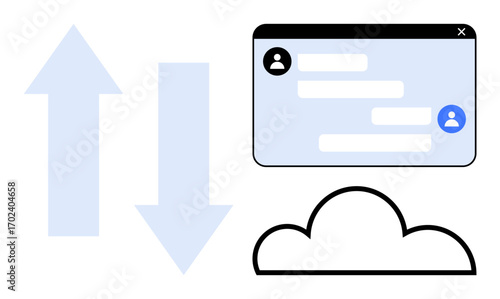 Messaging interface with user icons and chat bubbles, cloud element, up and down arrows for data flow. Ideal for communication, collaboration, cloud service, data exchange, teamwork, SaaS simple