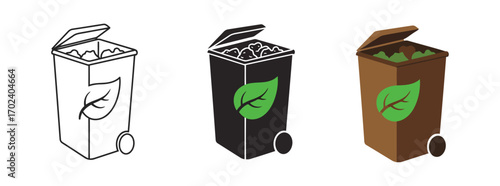 Vector art of three different styles of compost bins with a green leaf symbol
