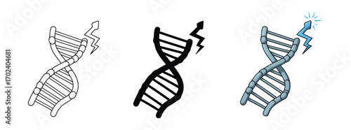 Vector art of three dna helix illustrations showing damage or mutation