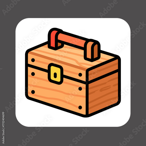 Isometric Wooden Toolbox Illustration with Orange Handle and Gold Latch, a Carpenter's Essential