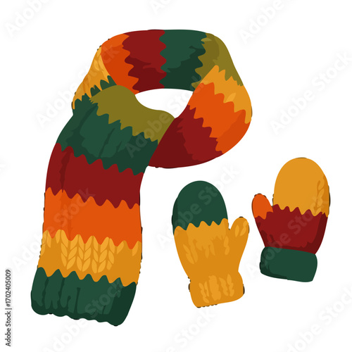 Colorful knitted scarf and mittens for winter