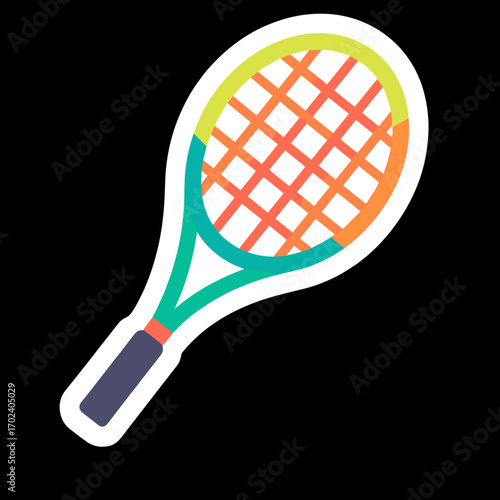 Vector Illustration of a Tennis Racket with Colorful Strings and Handle on Black Background