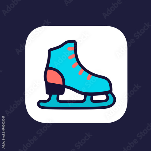 Vibrant Illustration of a Blue Ice Skate with Coral Accents on a White Rounded Square