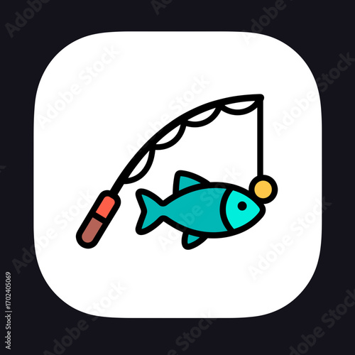 Illustration of a Fishing Rod Catching a Fish with a Hook and Line, Recreational Activity