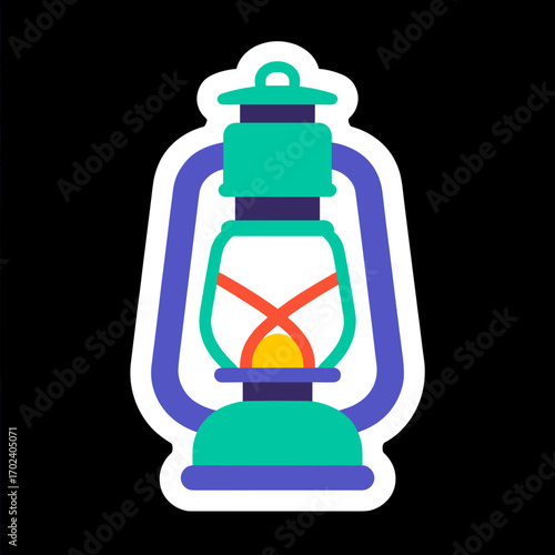 Stylized Illustration of a Kerosene Lantern with a Burning Flame in Blue and Green Colors