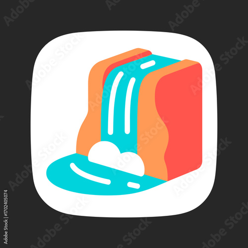 Stylized Waterfall Icon with Red Rocks and Blue Water Illustration for App Design