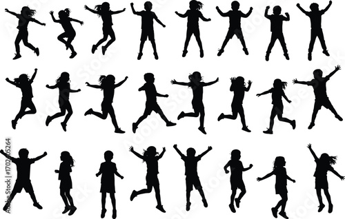 Silhouette of happy children jumping, playful kids in motion, energetic children, joyful child poses, active kids outdoors, childhood fun activity.