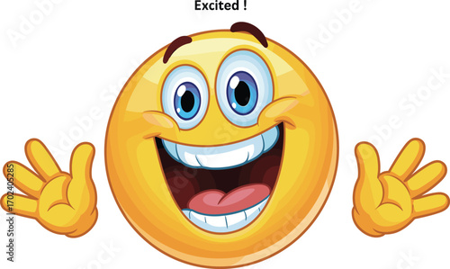 Excited happy emoji with big smile, wide open mouth, joyful eyes, raised hands, enthusiastic expression, cheerful, positive emotion, cartoon, flat vector illustration