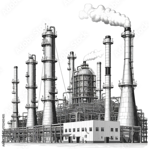 Detailed Monochrome Illustration of a Chemical Processing Plant with Towers and Smokestacks