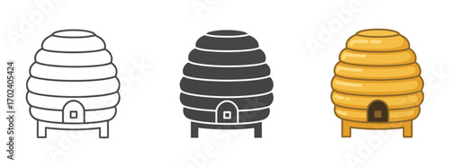 Vector art of three stylized illustrations of a beehive, one line art, one silhouette, and one colored