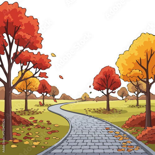 Cartoon illustration a park with autumn trees