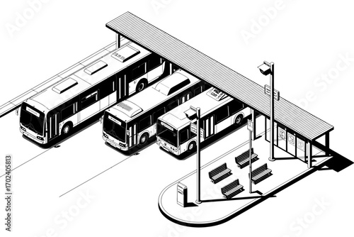 Illustration of a Bus Station with Several Buses at the Stops in Black and White
