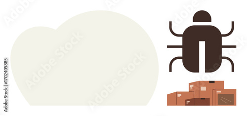 Bug with cloud symbol and stack of boxes suggests software bugs, cloud storage, data threats. Ideal for cybersecurity, data analysis, technology, IT solutions, logistics, protection simple flat