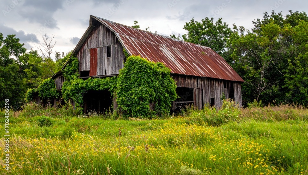 Fototapeta premium Abandoned Rustic Barn Surrounded by Lush Greenery and Flowers