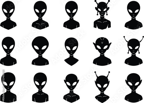 Alien head silhouette set, extraterrestrial face icons, alien vector collection, UFO character illustrations, sci-fi alien species, outer space beings.