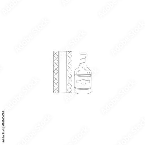 Clean line drawing of a gift box and a bottle of liquor.