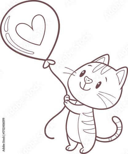Cute cartoon cat holding a red heart shaped balloon for valentine s day celebration