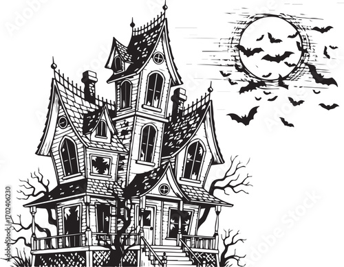 Spooky Haunted House Illustration with Bats Flying Against a Full Moon