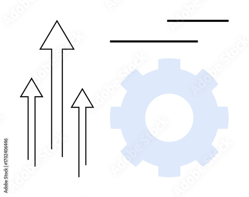 Vertical arrows indicating growth alongside a gear symbolizing development and efficiency. Ideal for business progress, innovation, teamwork, strategy, technology, productivity, flat simple metaphor