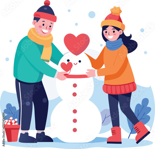 Cartoon couple joyfully building a winter snowman decorated with a heart