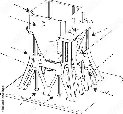 Technical Illustration of an Industrial Mechanical Component with Support Structure